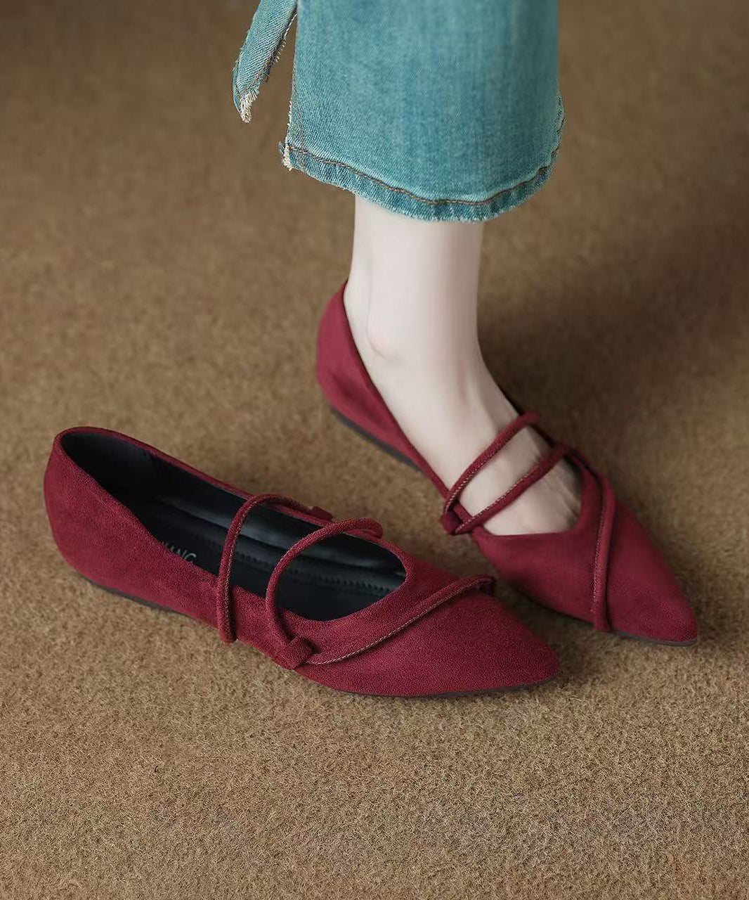 Retro Lace Up Flat Feet Shoes Red Cowhide Leather
