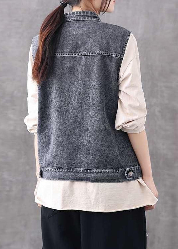 Retro Light Blue O-neck Patchwork Button Pockets Cotton Denim Waistcoat Sleeveless