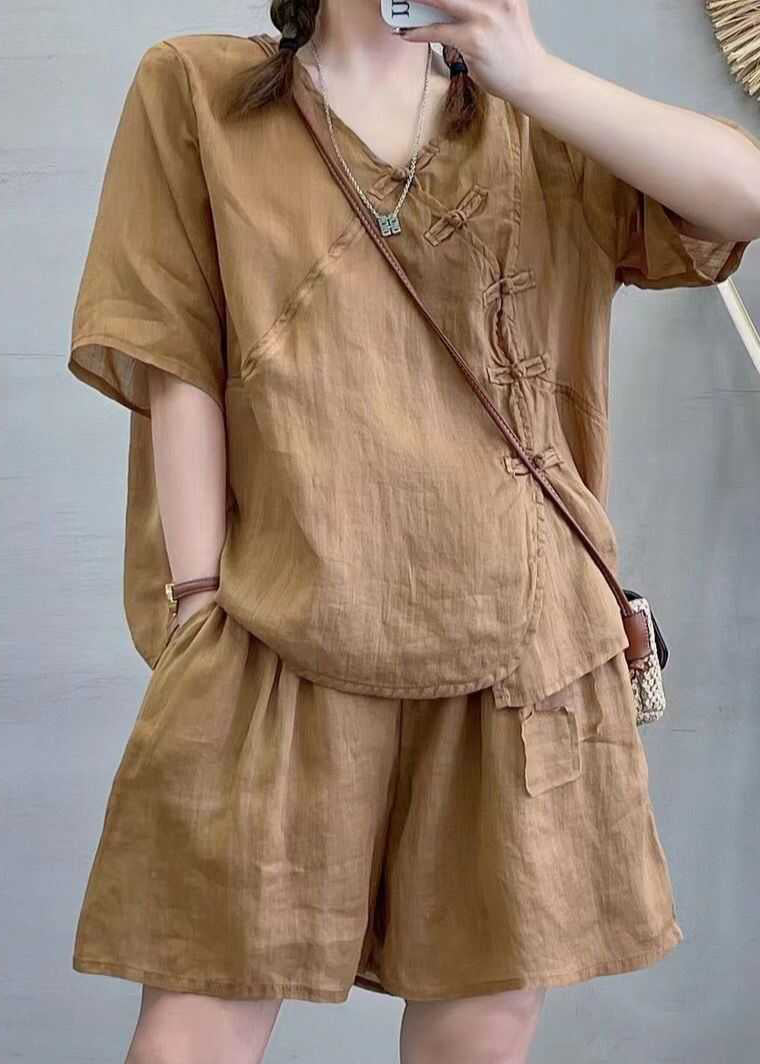 Retro Light Brown Chinese Button Tops and Shorts Cotton Two Pieces Set Summer