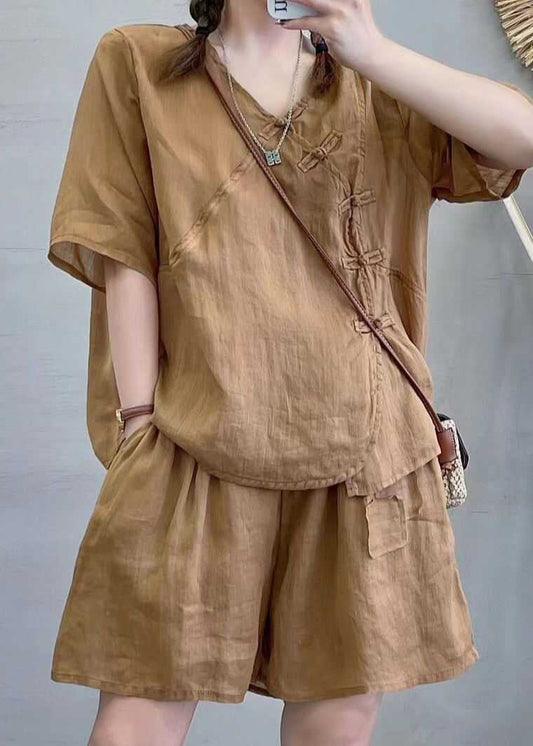 Retro Light Brown Chinese Button Tops and Shorts Cotton Two Pieces Set Summer