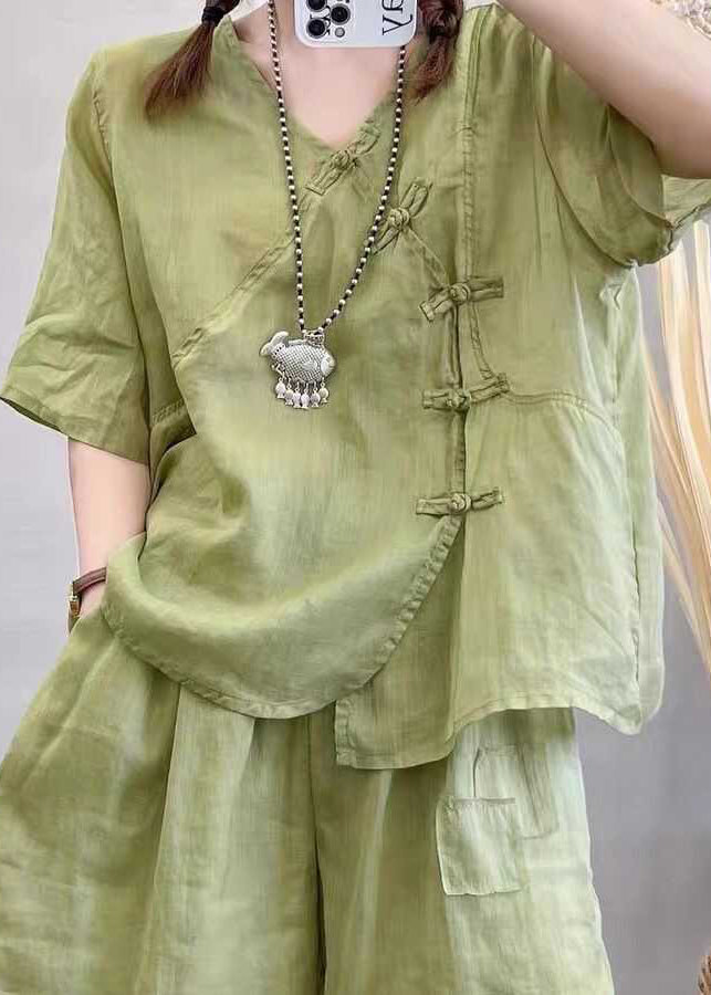 Retro Light Brown Chinese Button Tops and Shorts Cotton Two Pieces Set Summer