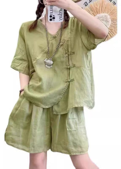 Retro Light Brown Chinese Button Tops and Shorts Cotton Two Pieces Set Summer