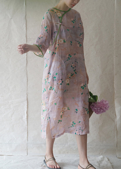 Retro Light Pink O-neck Side Open Print Patchwork Linen Dresses Half Sleeve