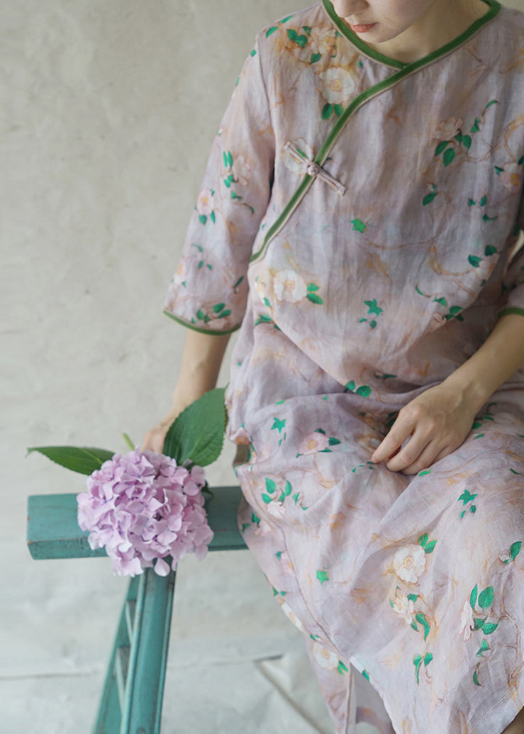 Retro Light Pink O-neck Side Open Print Patchwork Linen Dresses Half Sleeve