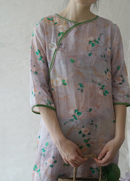 Retro Light Pink O-neck Side Open Print Patchwork Linen Dresses Half Sleeve