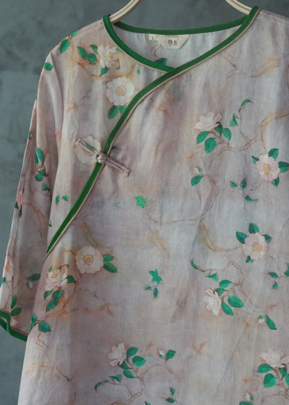 Retro Light Pink O-neck Side Open Print Patchwork Linen Dresses Half Sleeve