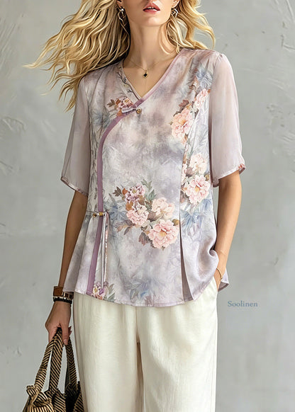 Retro Light Purple V Neck Asymmetrical Chiffon Top Short Sleeve
