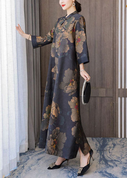 Retro Mandarin Collar Print Silk Long Dresses Caftan Spring