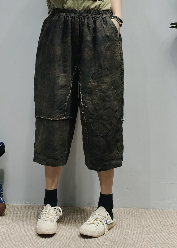Retro Mulberry Elastic Waist Pockets Patchwork Linen Three Quarter Pants Spring