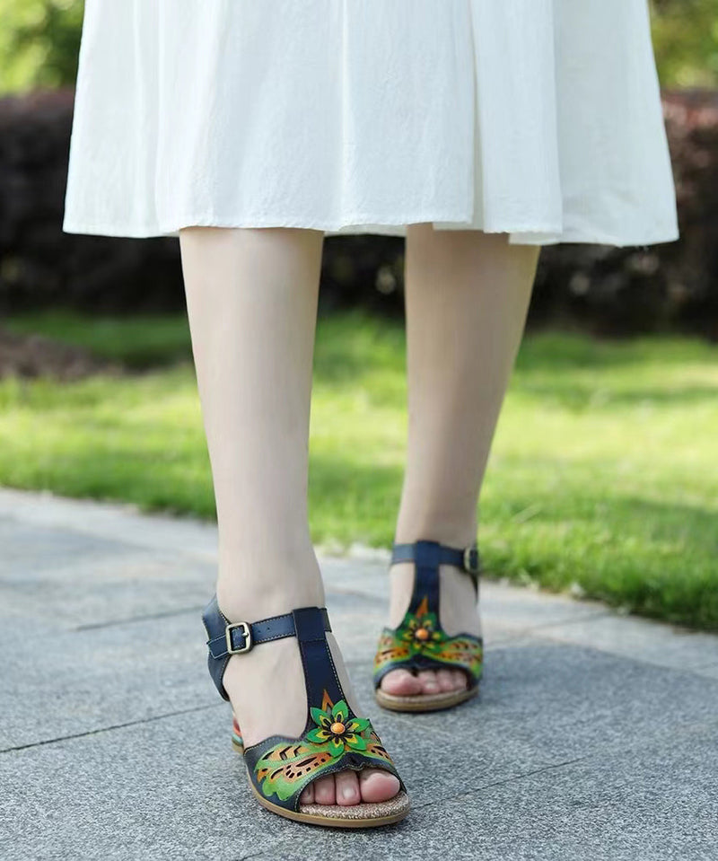 Retro Navy Cowhide Leather Print Splicing Buckle Strap Hollow Out Sandals