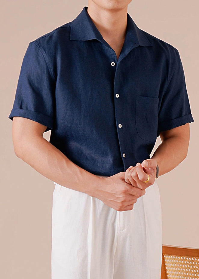 Retro Navy Peter Pan Collar Button Cotton Shirts Summer