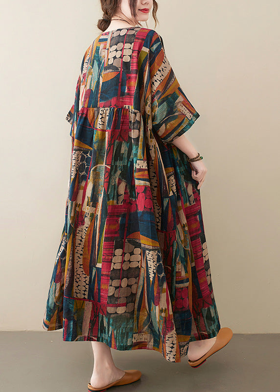Retro O-neck Print Party Maxi Dress Half Sleeve