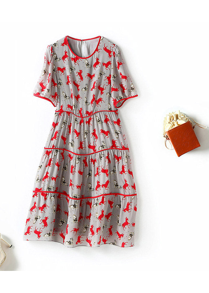 Retro O-neck Print Patchwork Wrinkled Silk Mid Dress Short Sleeve