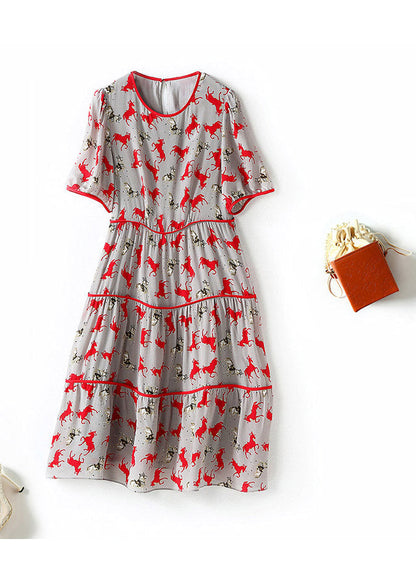Retro O-neck Print Patchwork Wrinkled Silk Mid Dress Short Sleeve
