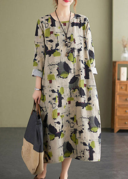 Retro O-neck Print Pockets Linen Vacation Dresses Long Sleeve