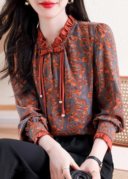 Retro Orange Ruffled Print Tops Long Sleeve