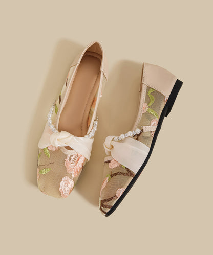 Retro Pink Embroidered Splicing Flat Shoes for
