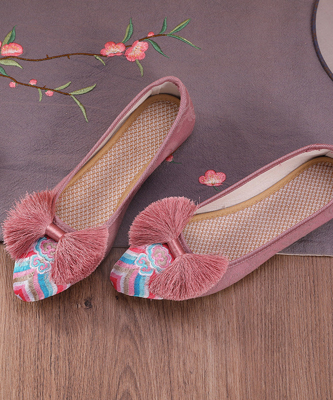 Retro Pink Embroideried Tassel Cotton Fabric Flat Shoes for