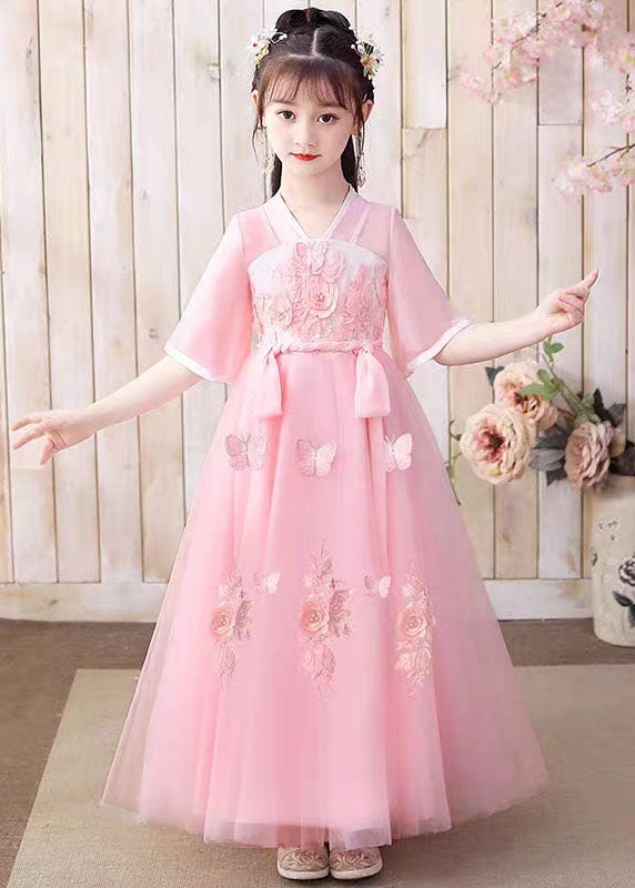Retro Pink Butterfly Embroideried Patchwork Chiffon Kids Long Dresses Summer