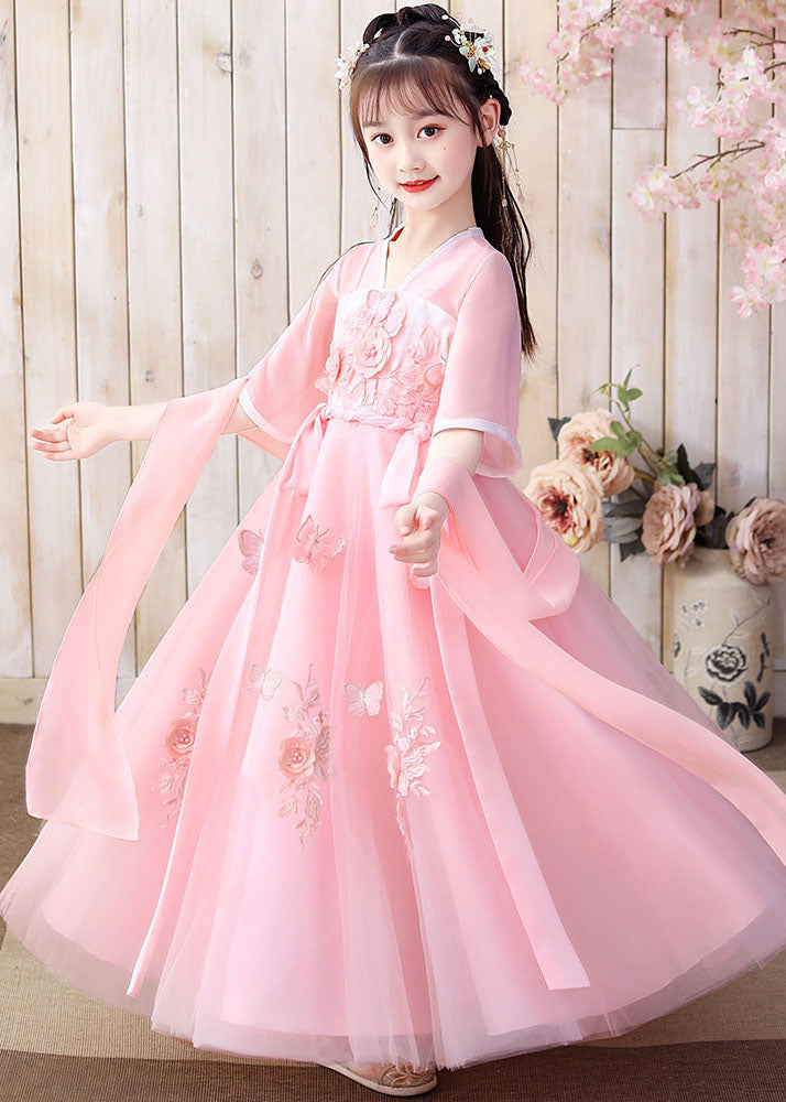Retro Pink Butterfly Embroideried Patchwork Chiffon Kids Long Dresses Summer