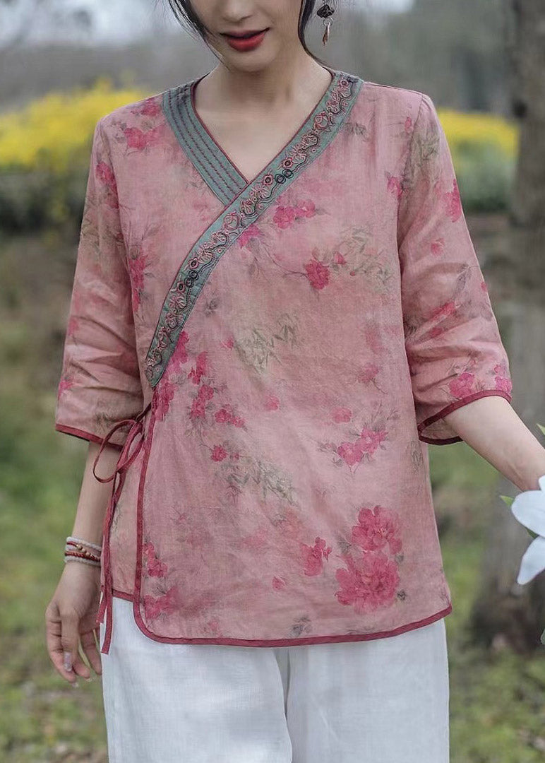 Retro Pink Patchwork Tie Waist Linen Shirts Three Quarter Sleeve
