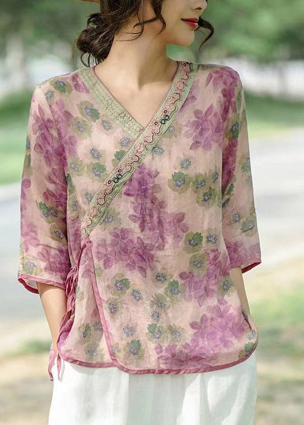 Retro Pink Patchwork Tie Waist Linen Shirts Three Quarter Sleeve