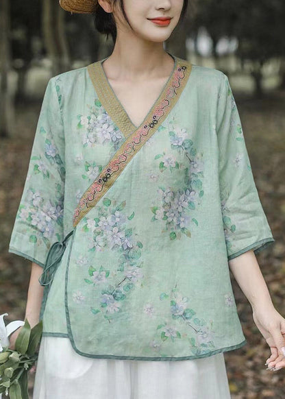 Retro Pink Patchwork Tie Waist Linen Shirts Three Quarter Sleeve