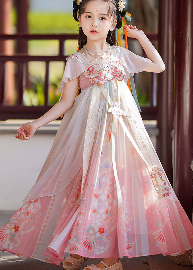 Retro Pink Print Wrinkled Patchwork Chiffon Kids Long Dresses Summer