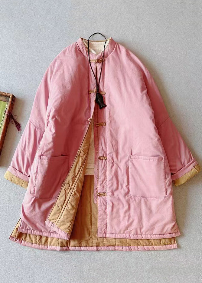 Retro Pink Stand Collar Pockets Fine Cotton Filled Coat Winter