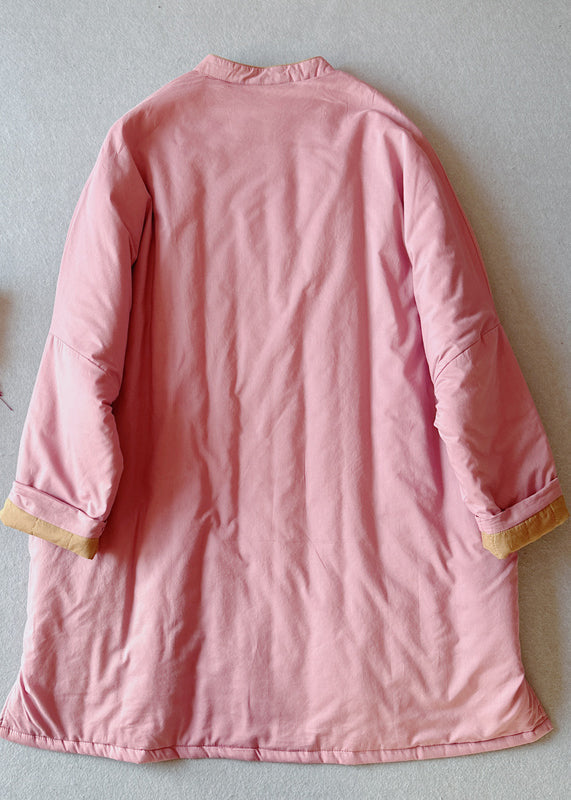 Retro Pink Stand Collar Pockets Fine Cotton Filled Coat Winter