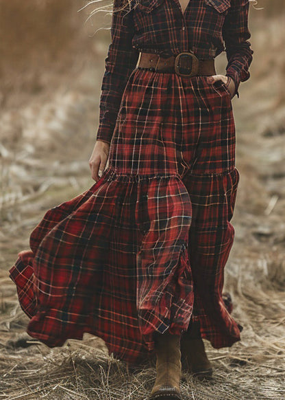 Retro Plaid Pockets Long Sleeve Pastoral Dresses