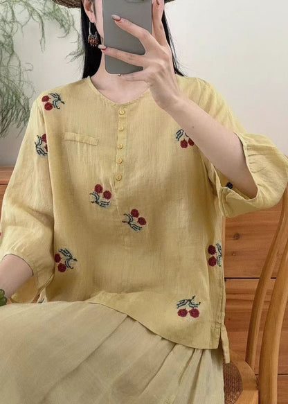 Retro Yellow O Neck Embroidered Linen Top Summer
