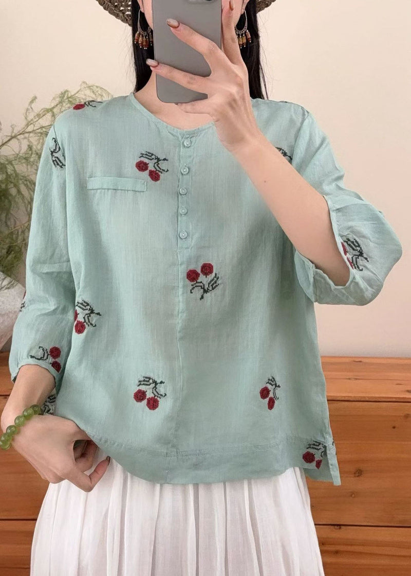 Retro Yellow O Neck Embroidered Linen Top Summer