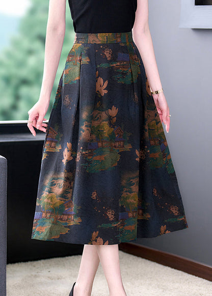 Retro Print Silk Draping a Line Skirt