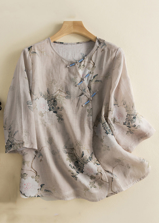 Retro Print O-neck Button Cotton Shirt Bracelet Sleeve