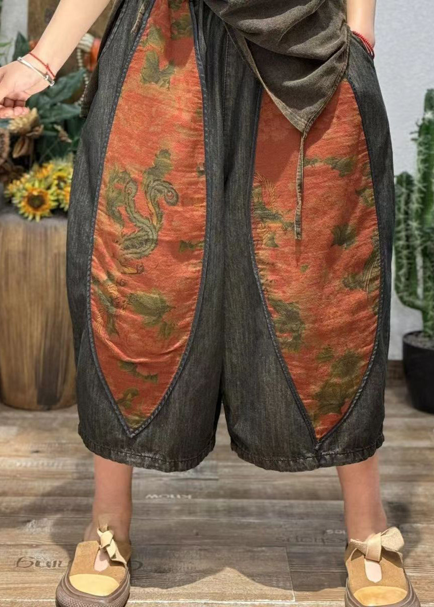 Retro Print Splicing Style Cotton Crop Pants Summer