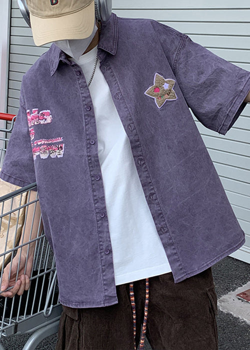 Retro Purple Button Print Denim Shirt Half Sleeve