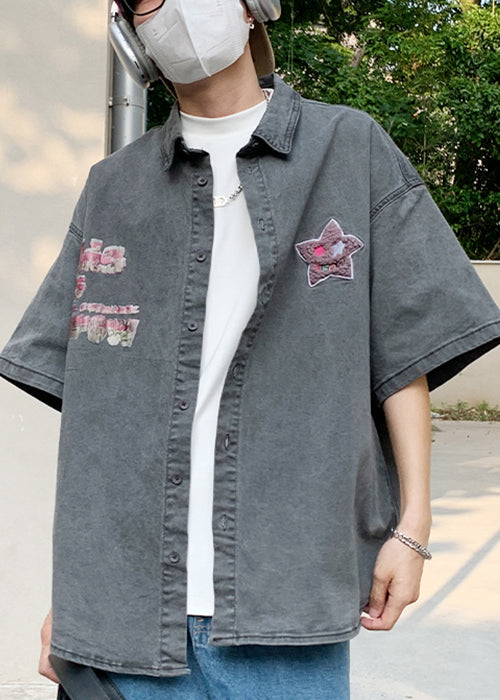 Retro Purple Button Print Denim Shirt Half Sleeve