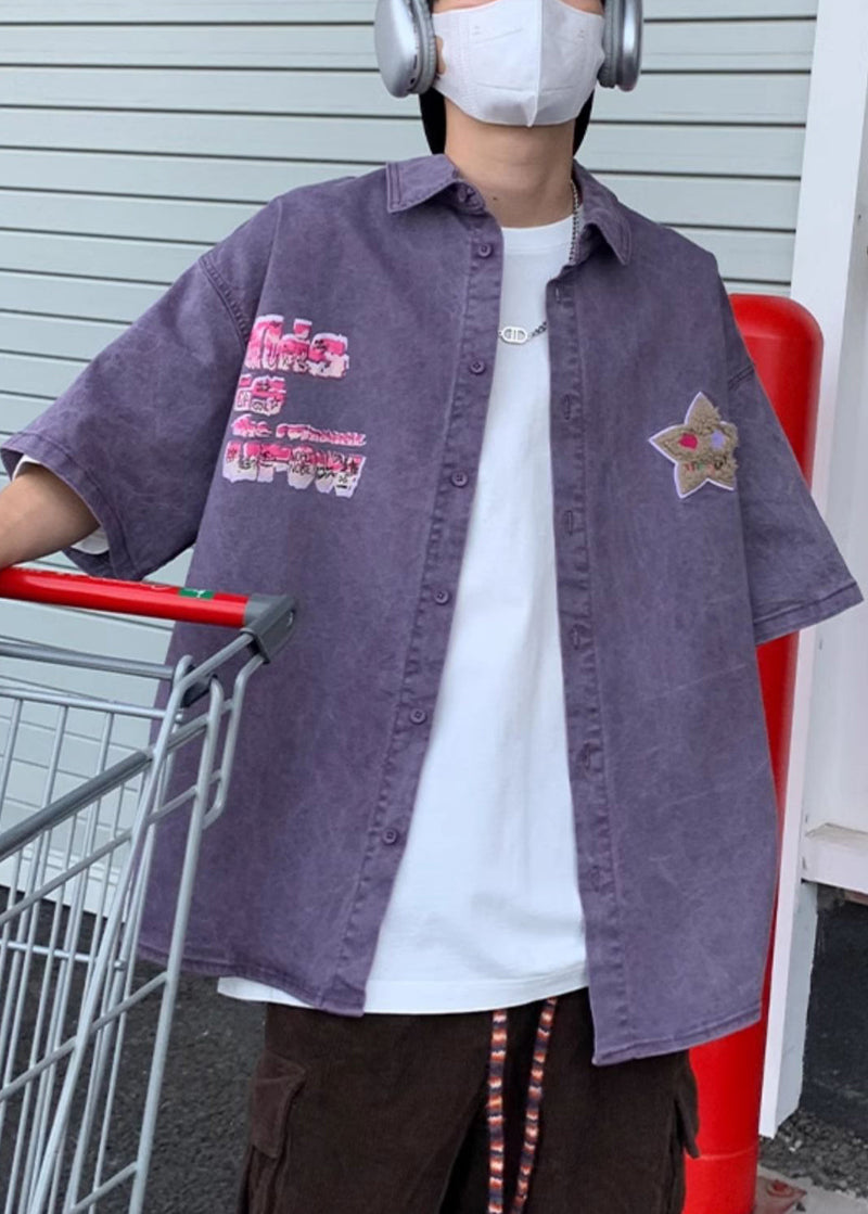 Retro Purple Button Print Denim Shirt Half Sleeve