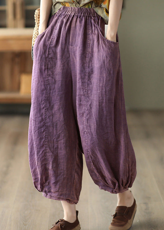 Retro Purple Elastic Waist Ramie Lantern Pants Summer