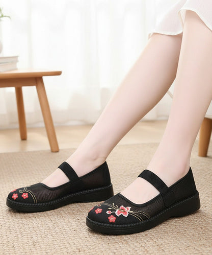 Retro Red Embroidered Tulle Fabric Flat Shoes Lace Up Flat Shoes for