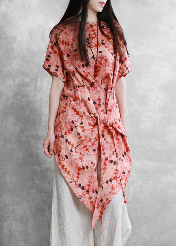 Retro Red O-neck Print Asymmetrical Tie Waist Linen Top Short Sleeve