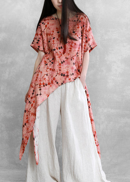Retro Red O-neck Print Asymmetrical Tie Waist Linen Top Short Sleeve