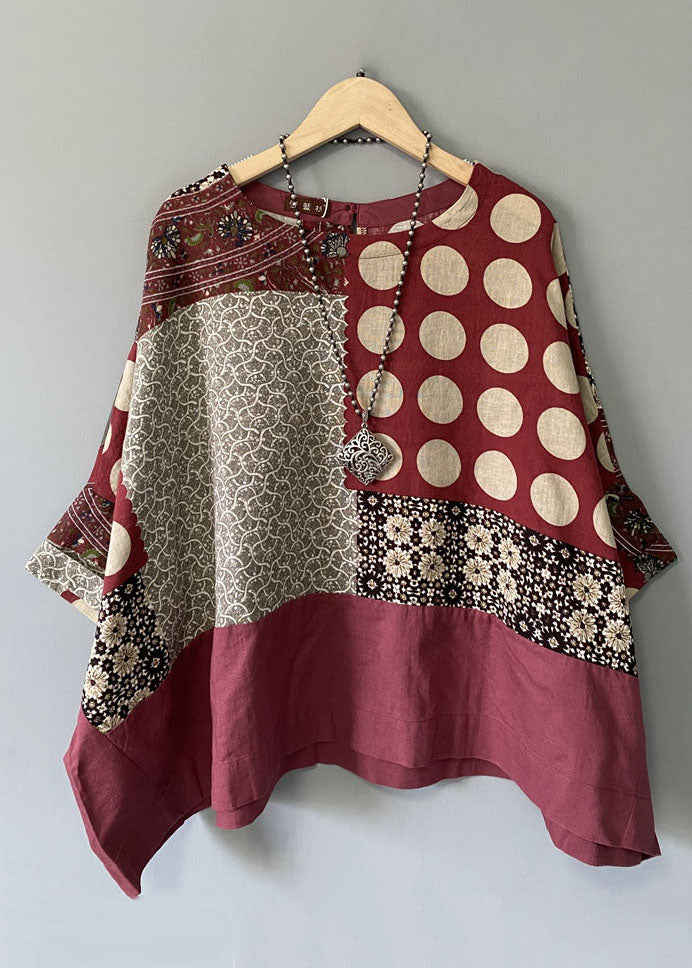 Retro Red O-neck Print T Shirts Half Sleeve