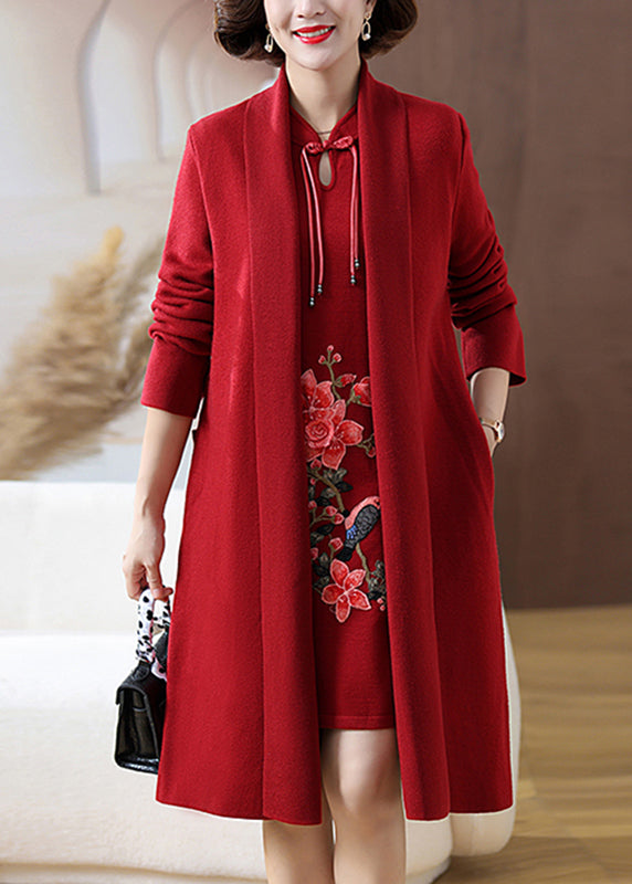 Retro Red Print Pockets Woolen Coats and Mid Dress Two Pieces Set Spring