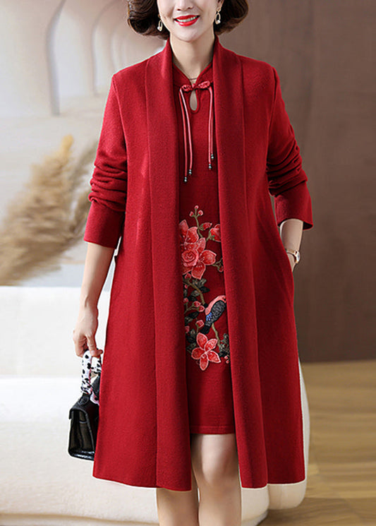 Retro Red Print Pockets Woolen Coats and Mid Dress Two Pieces Set Spring