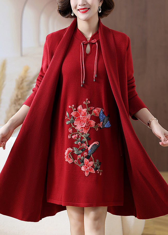 Retro Red Print Pockets Woolen Coats and Mid Dress Two Pieces Set Spring