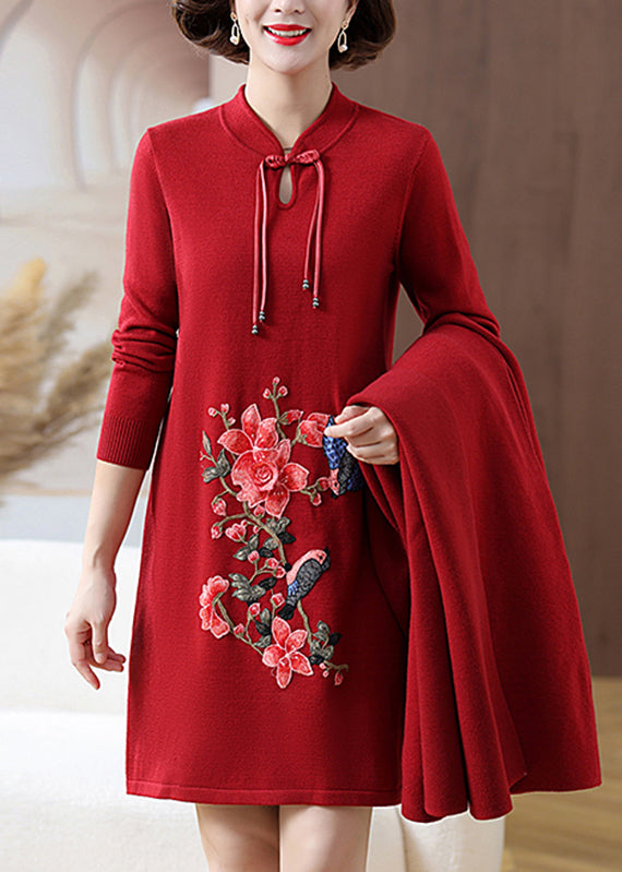 Retro Red Print Pockets Woolen Coats and Mid Dress Two Pieces Set Spring