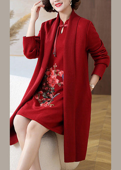 Retro Red Print Pockets Woolen Coats and Mid Dress Two Pieces Set Spring