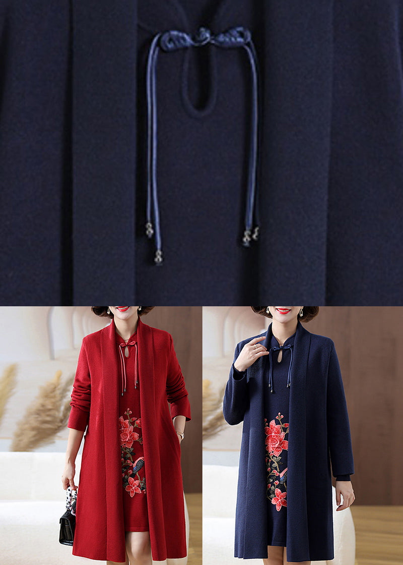 Retro Red Print Pockets Woolen Coats and Mid Dress Two Pieces Set Spring